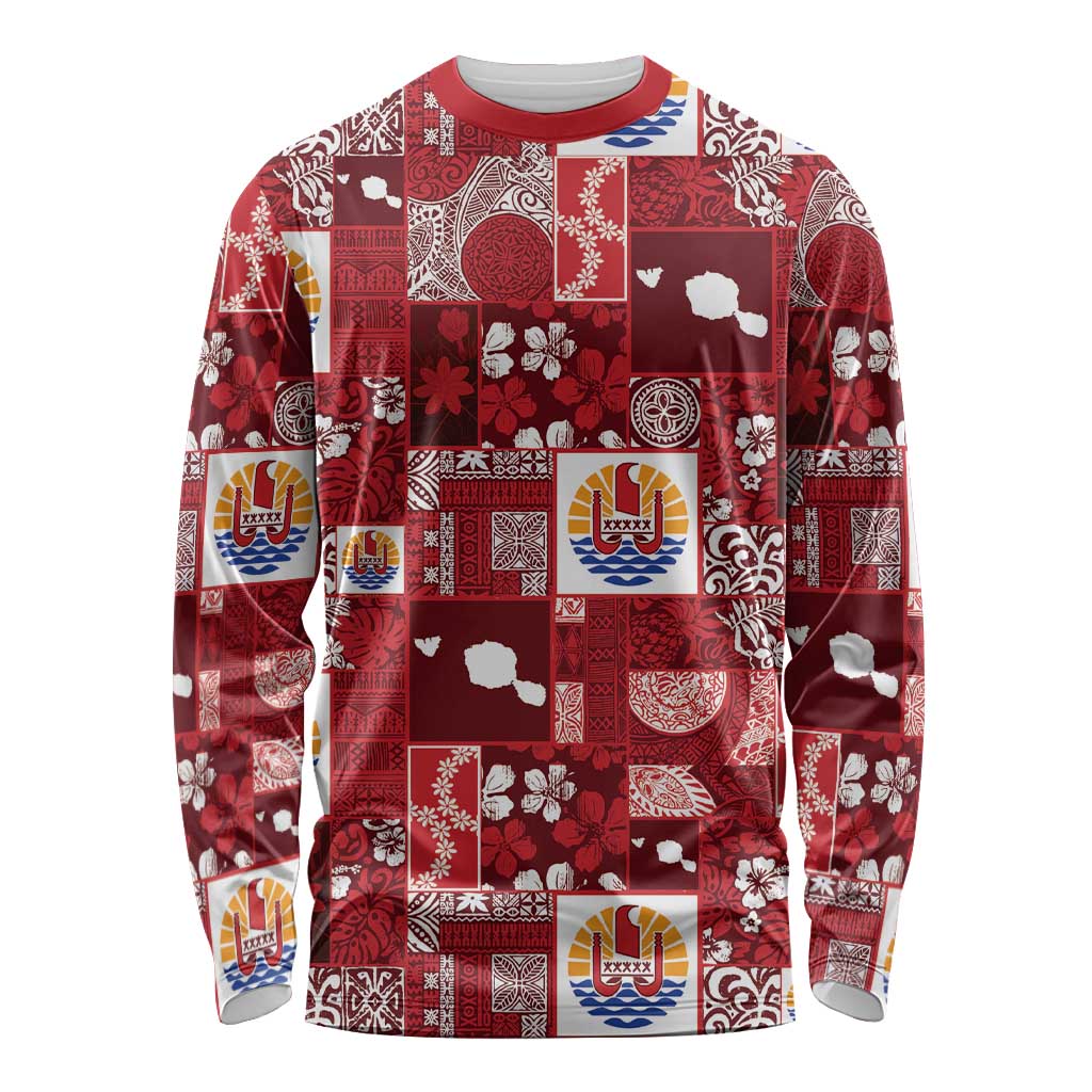 Tahiti Oaoa I Teie Noera Long Sleeve Shirt Pacific Patchwork Xmas Vibes LT9 Unisex Red - Polynesian Pride