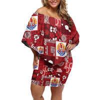 Tahiti Oaoa I Teie Noera Off Shoulder Short Dress Pacific Patchwork Xmas Vibes LT9 Women Red - Polynesian Pride