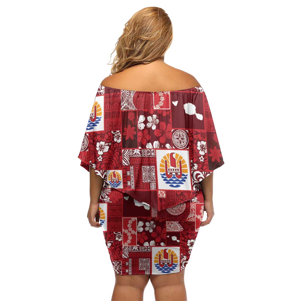 Tahiti Oaoa I Teie Noera Off Shoulder Short Dress Pacific Patchwork Xmas Vibes LT9 - Polynesian Pride