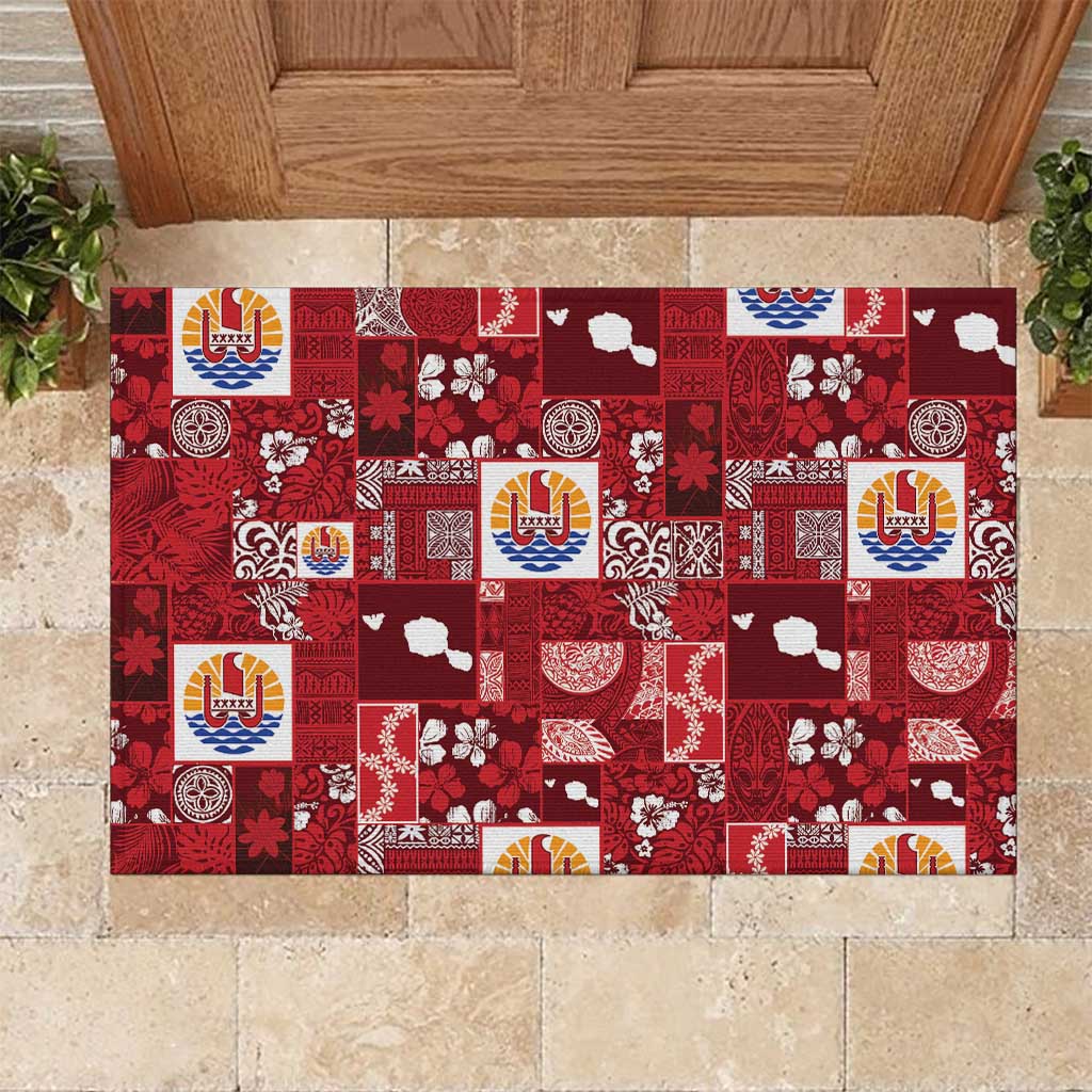 Tahiti Oaoa I Teie Noera Rubber Doormat Pacific Patchwork Xmas Vibes LT9 Red - Polynesian Pride