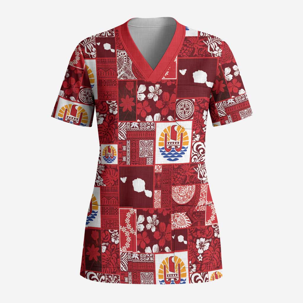 Tahiti Oaoa I Teie Noera Scrub Top Pacific Patchwork Xmas Vibes LT9 Adult Red - Polynesian Pride