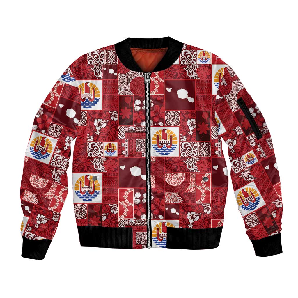 Tahiti Oaoa I Teie Noera Sleeve Zip Bomber Jacket Pacific Patchwork Xmas Vibes LT9 Unisex Red - Polynesian Pride