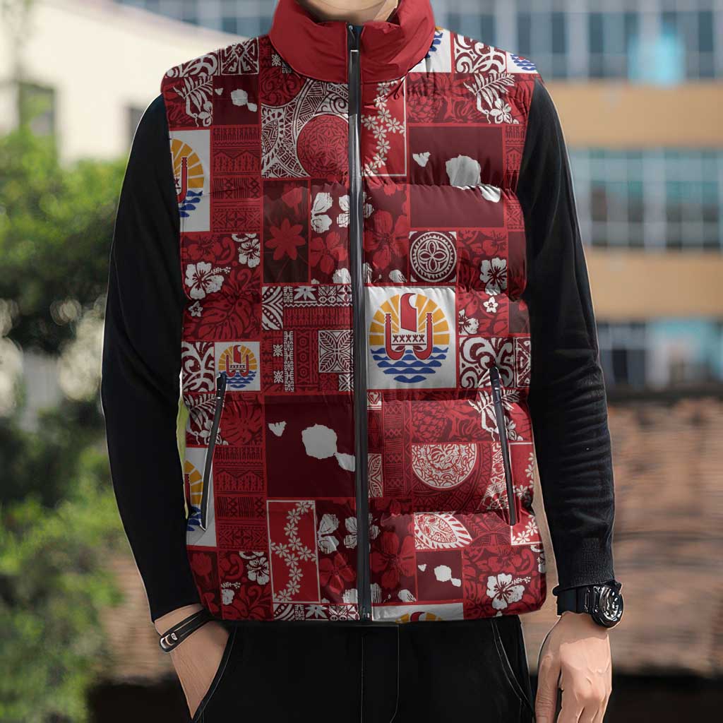 Tahiti Oaoa I Teie Noera Sleeveless Puffer Jacket Pacific Patchwork Xmas Vibes - Polynesian Pride