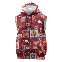 Tahiti Oaoa I Teie Noera Sleeveless Zip Hoodie Pacific Patchwork Xmas Vibes LT9 Red - Polynesian Pride