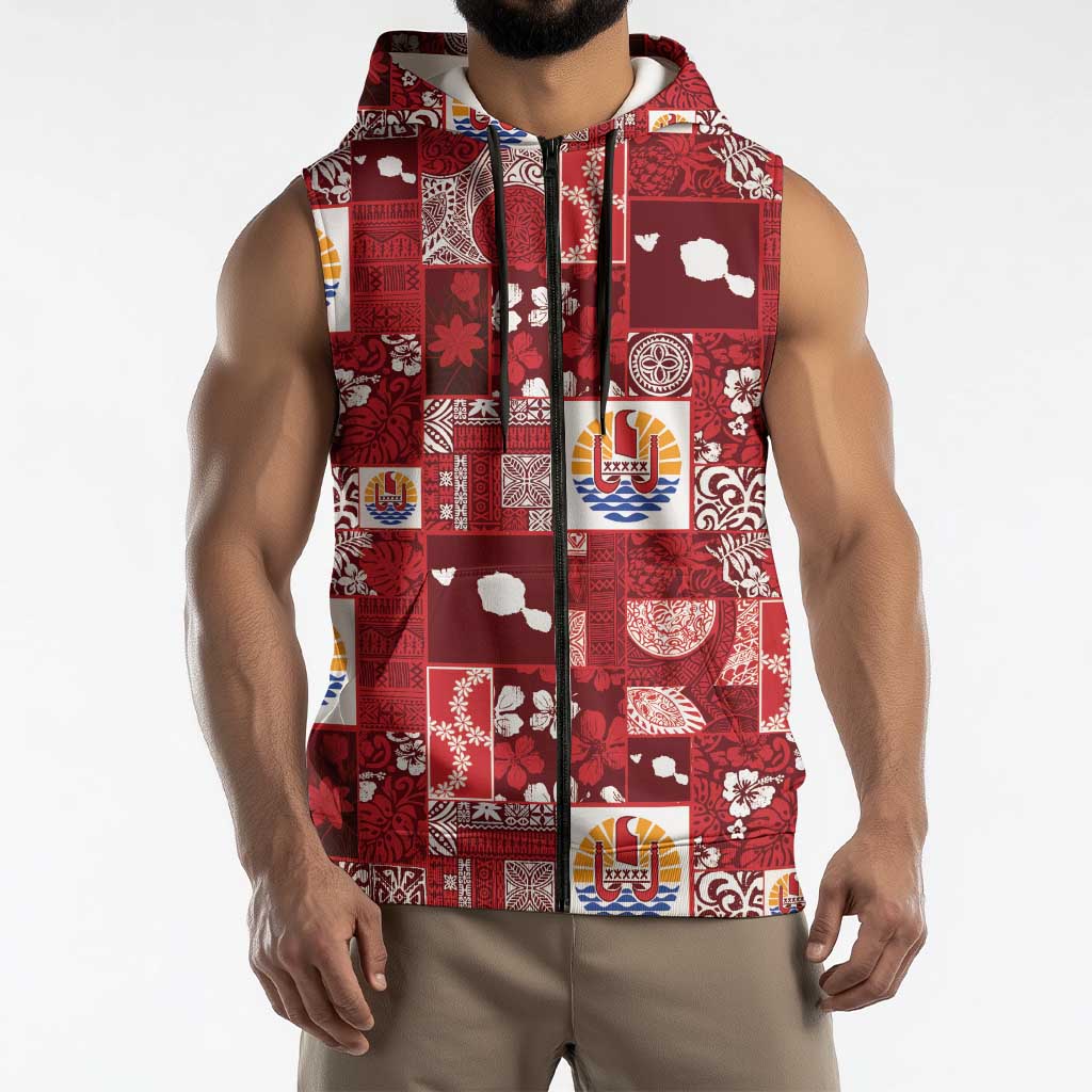 Tahiti Oaoa I Teie Noera Sleeveless Zip Hoodie Pacific Patchwork Xmas Vibes LT9 - Polynesian Pride