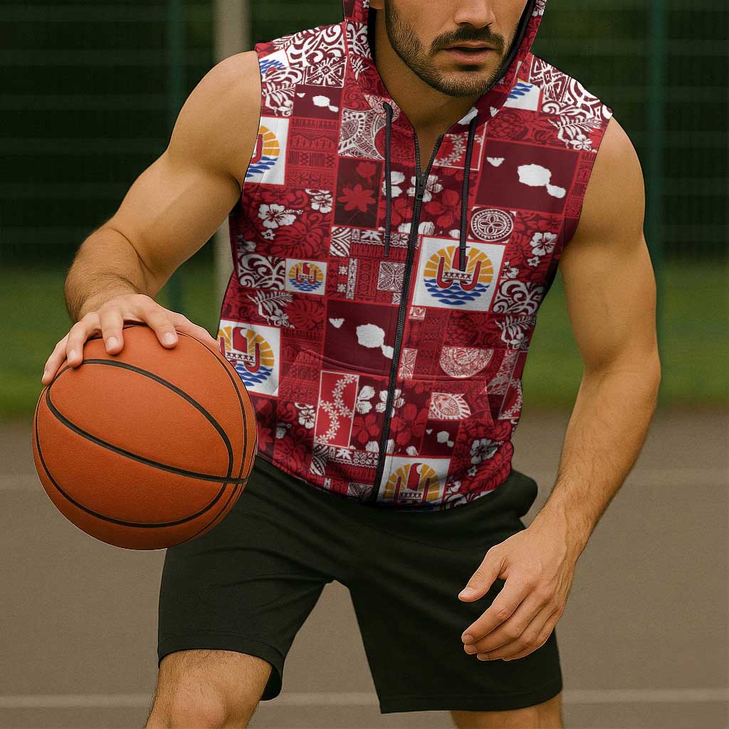 Tahiti Oaoa I Teie Noera Sleeveless Zip Hoodie Pacific Patchwork Xmas Vibes LT9 - Polynesian Pride