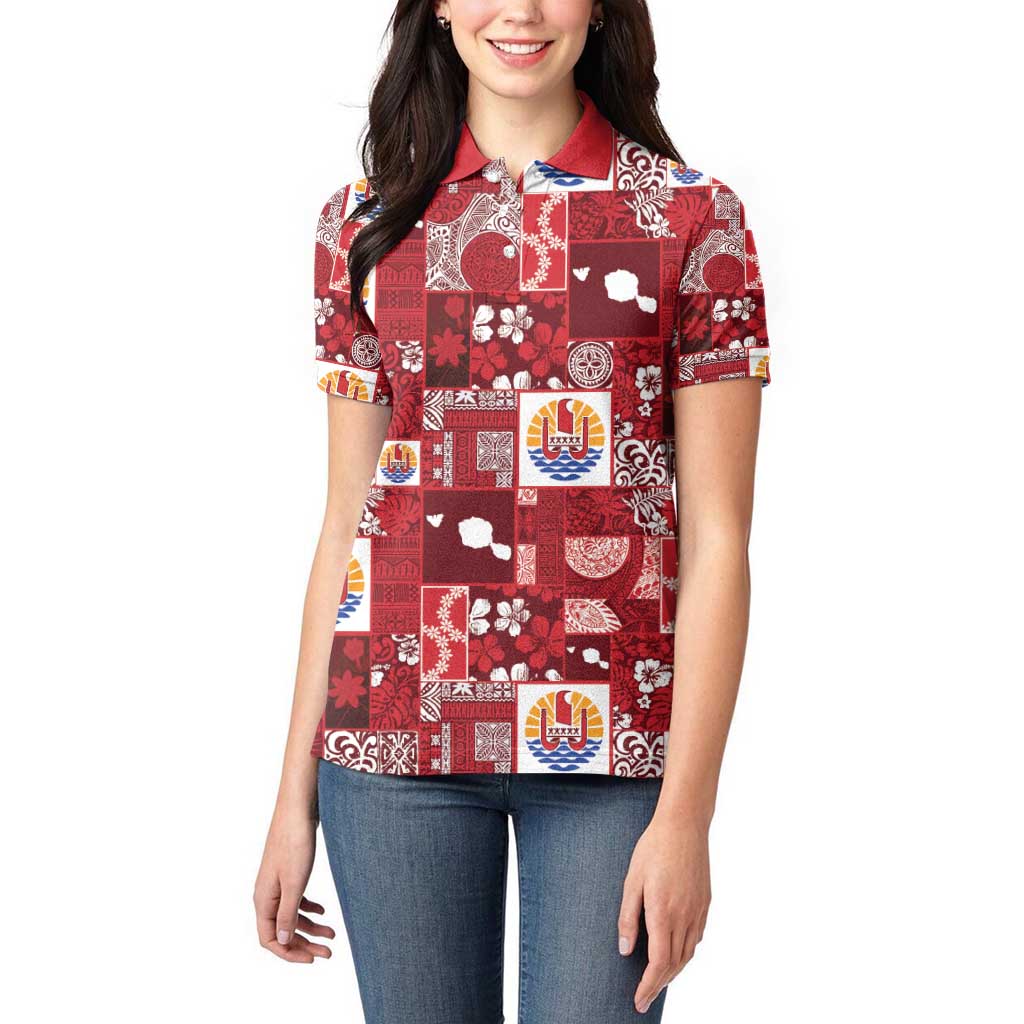 Tahiti Oaoa I Teie Noera Women Polo Shirt Pacific Patchwork Xmas Vibes - Polynesian Pride