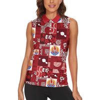 Tahiti Oaoa I Teie Noera Women Sleeveless Polo Shirt Pacific Patchwork Xmas Vibes - Polynesian Pride
