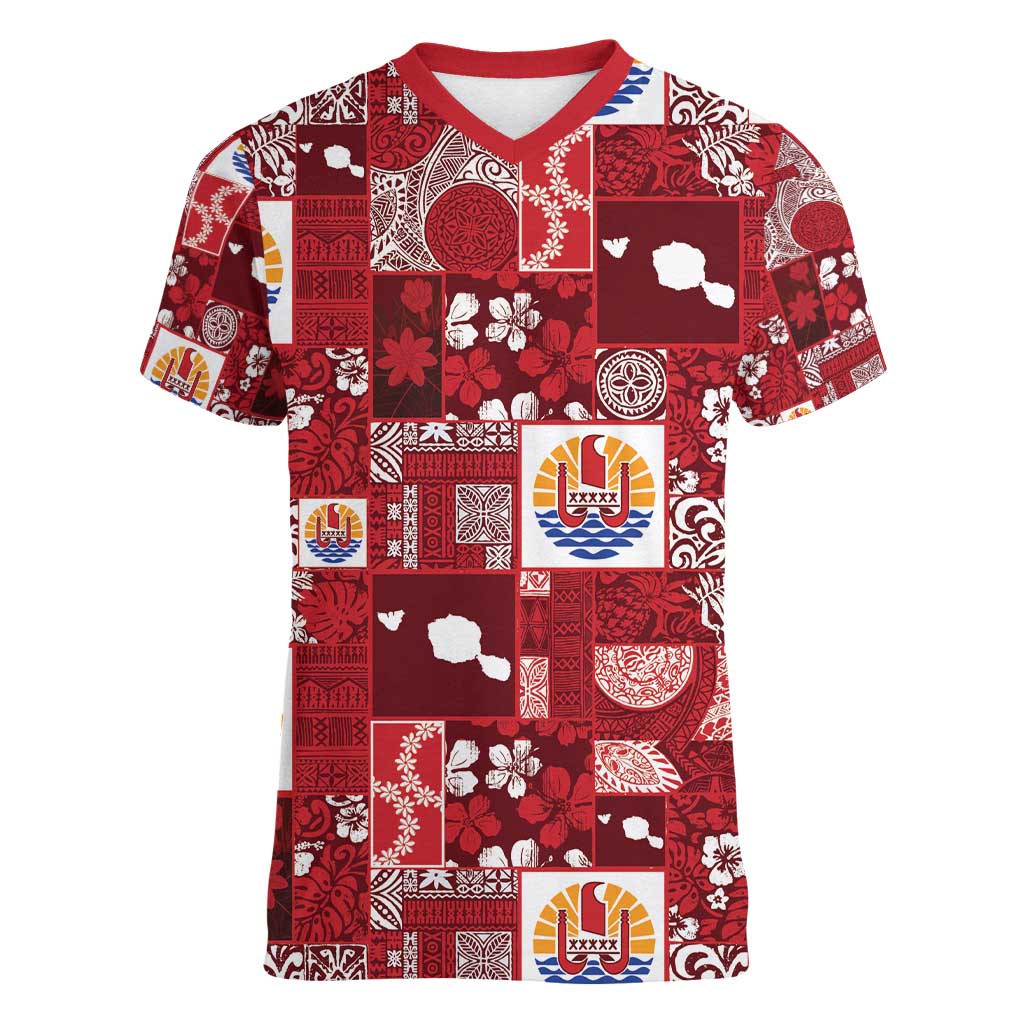 Tahiti Oaoa I Teie Noera Women V-Neck T-Shirt Pacific Patchwork Xmas Vibes - Polynesian Pride