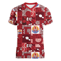 Tahiti Oaoa I Teie Noera Women V-Neck T-Shirt Pacific Patchwork Xmas Vibes - Polynesian Pride