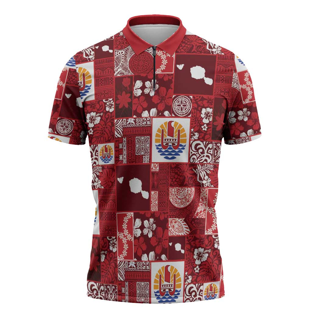 Tahiti Oaoa I Teie Noera Zipper Polo Shirt Pacific Patchwork Xmas Vibes - Polynesian Pride