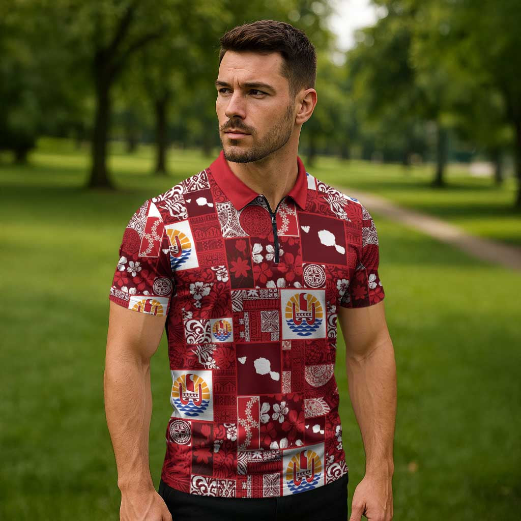 Tahiti Oaoa I Teie Noera Zipper Polo Shirt Pacific Patchwork Xmas Vibes - Polynesian Pride