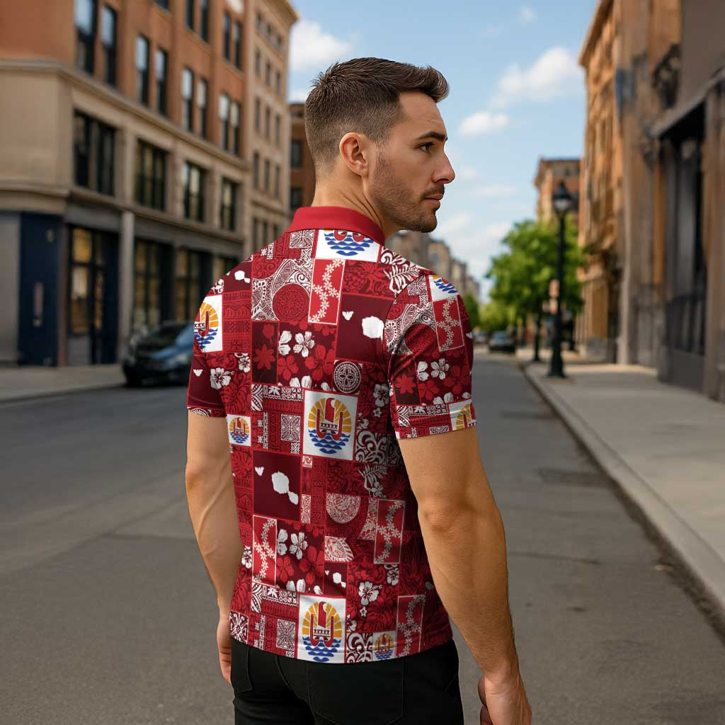 Tahiti Oaoa I Teie Noera Zipper Polo Shirt Pacific Patchwork Xmas Vibes - Polynesian Pride