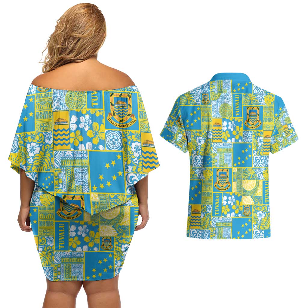Tuvalu Manuia te Kilisimasi Couples Matching Off Shoulder Short Dress and Hawaiian Shirt Pacific Patchwork Xmas Vibes - Polynesian Pride