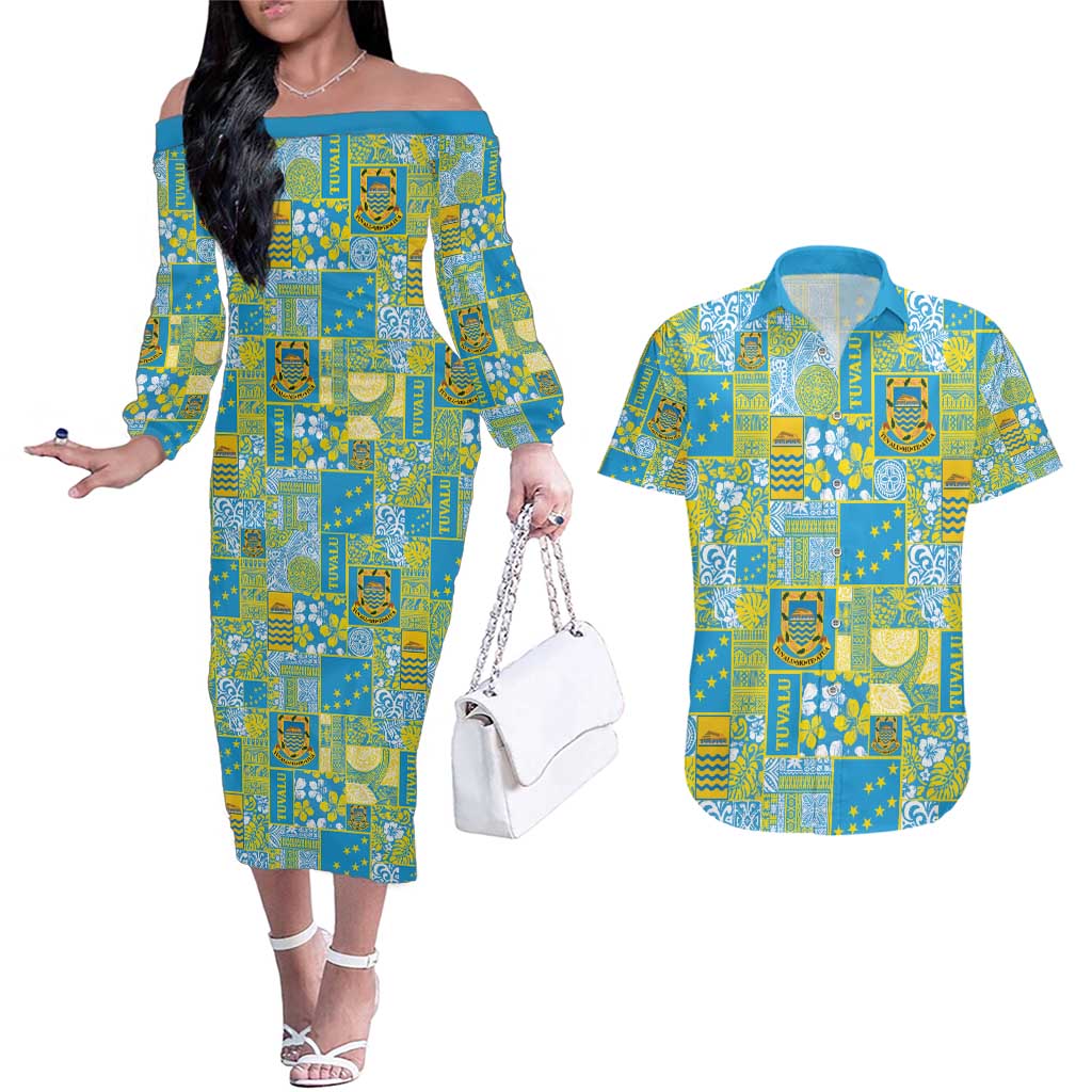 Tuvalu Manuia te Kilisimasi Couples Matching Off The Shoulder Long Sleeve Dress and Hawaiian Shirt Pacific Patchwork Xmas Vibes - Polynesian Pride
