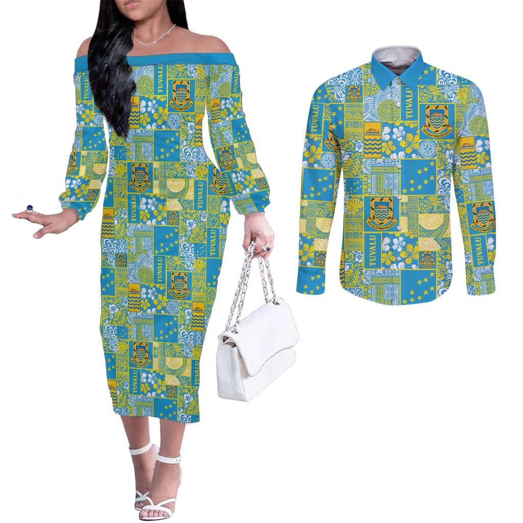 Tuvalu Manuia te Kilisimasi Couples Matching Off The Shoulder Long Sleeve Dress and Long Sleeve Button Shirt Pacific Patchwork Xmas Vibes - Polynesian Pride