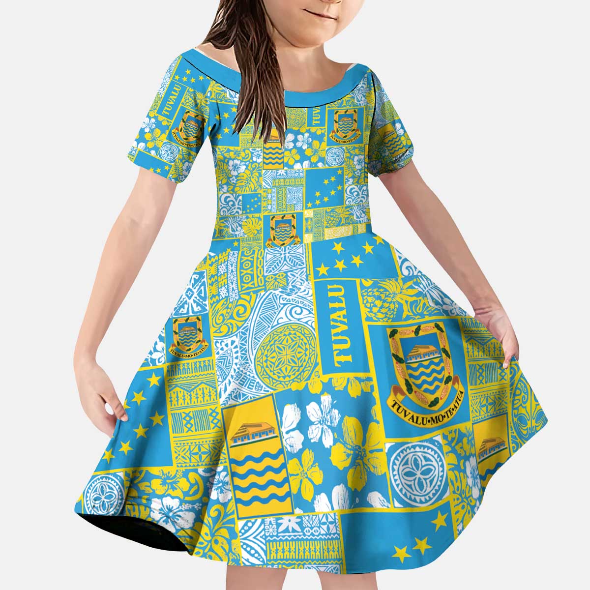 Tuvalu Manuia te Kilisimasi Kid Short Sleeve Dress Pacific Patchwork Xmas Vibes - Polynesian Pride
