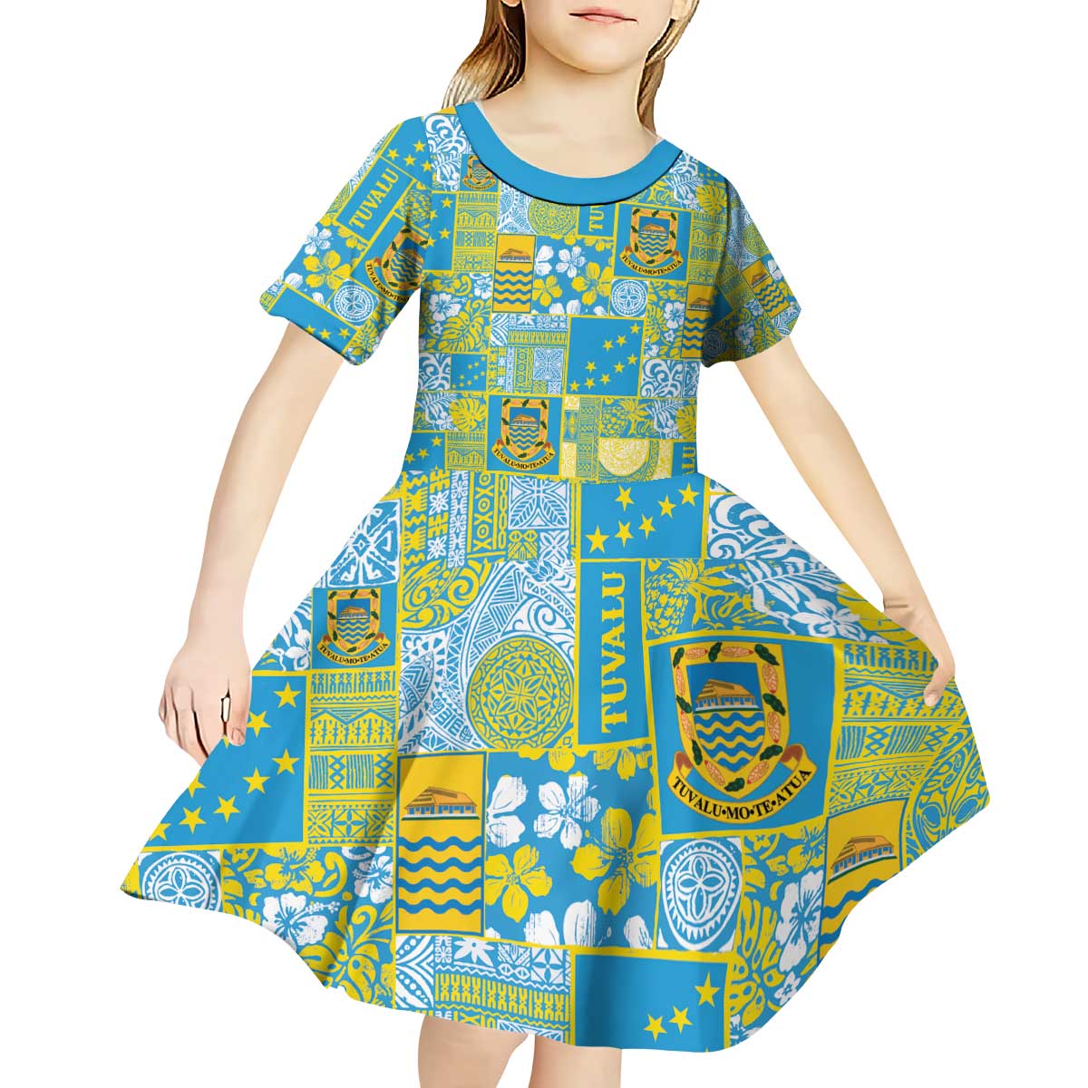 Tuvalu Manuia te Kilisimasi Kid Short Sleeve Dress Pacific Patchwork Xmas Vibes - Polynesian Pride