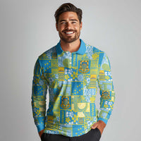 Tuvalu Manuia te Kilisimasi Long Sleeve Polo Shirt Pacific Patchwork Xmas Vibes - Polynesian Pride