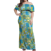 Tuvalu Manuia te Kilisimasi Off Shoulder Maxi Dress Pacific Patchwork Xmas Vibes LT9 Women Green - Polynesian Pride