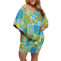 Tuvalu Manuia te Kilisimasi Off Shoulder Short Dress Pacific Patchwork Xmas Vibes LT9 Women Green - Polynesian Pride