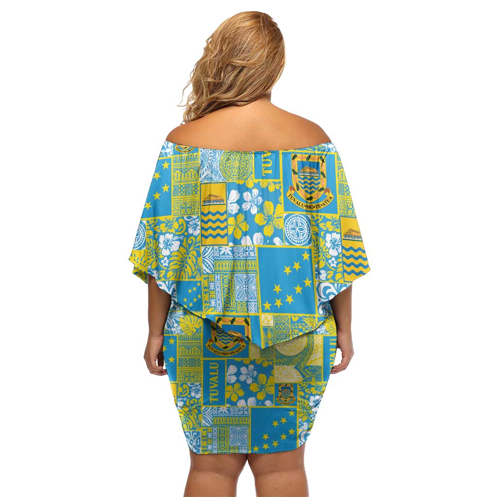 Tuvalu Manuia te Kilisimasi Off Shoulder Short Dress Pacific Patchwork Xmas Vibes LT9 - Polynesian Pride