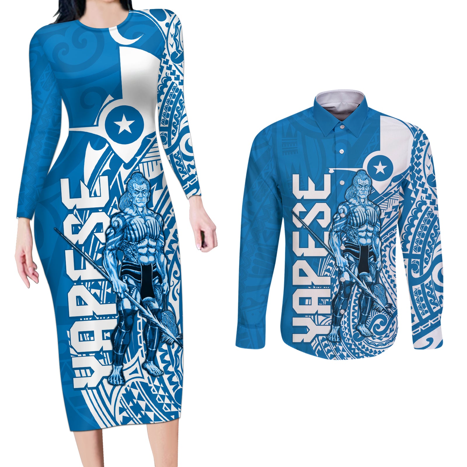 Yap Day 1 March Couples Matching Long Sleeve Bodycon Dress and Long Sleeve Button Shirt Micronesia Yapese Warrior LT9 Blue - Polynesian Pride