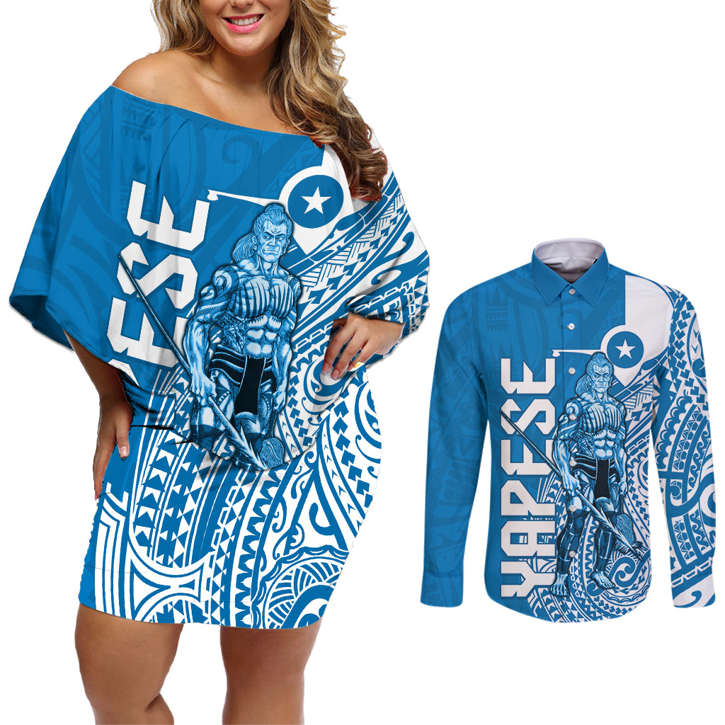 Yap Day 1 March Couples Matching Off Shoulder Short Dress and Long Sleeve Button Shirt Micronesia Yapese Warrior LT9 Blue - Polynesian Pride