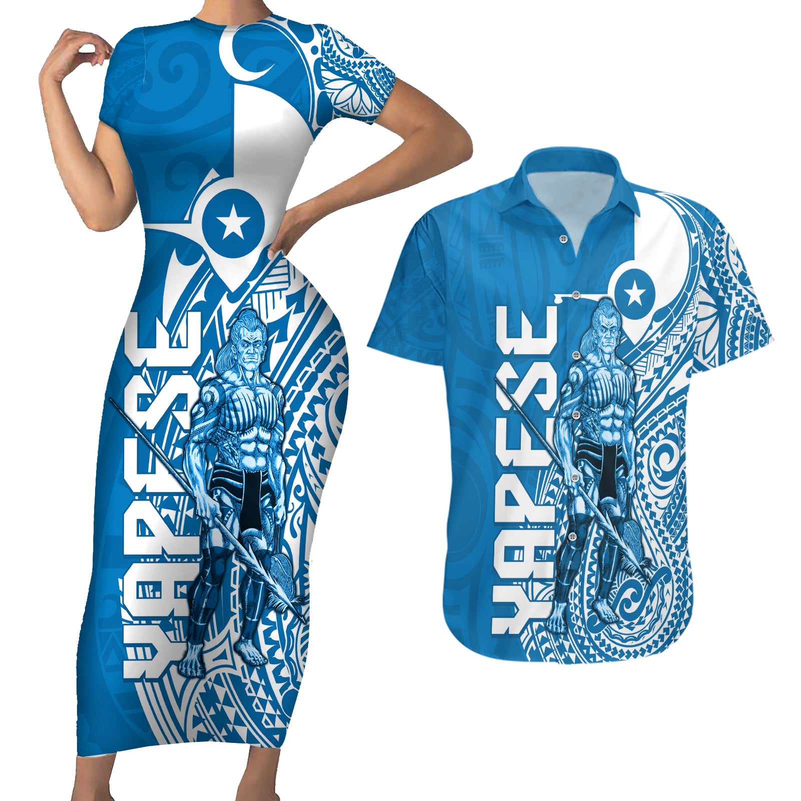 Yap Day 1 March Couples Matching Short Sleeve Bodycon Dress and Hawaiian Shirt Micronesia Yapese Warrior LT9 Blue - Polynesian Pride