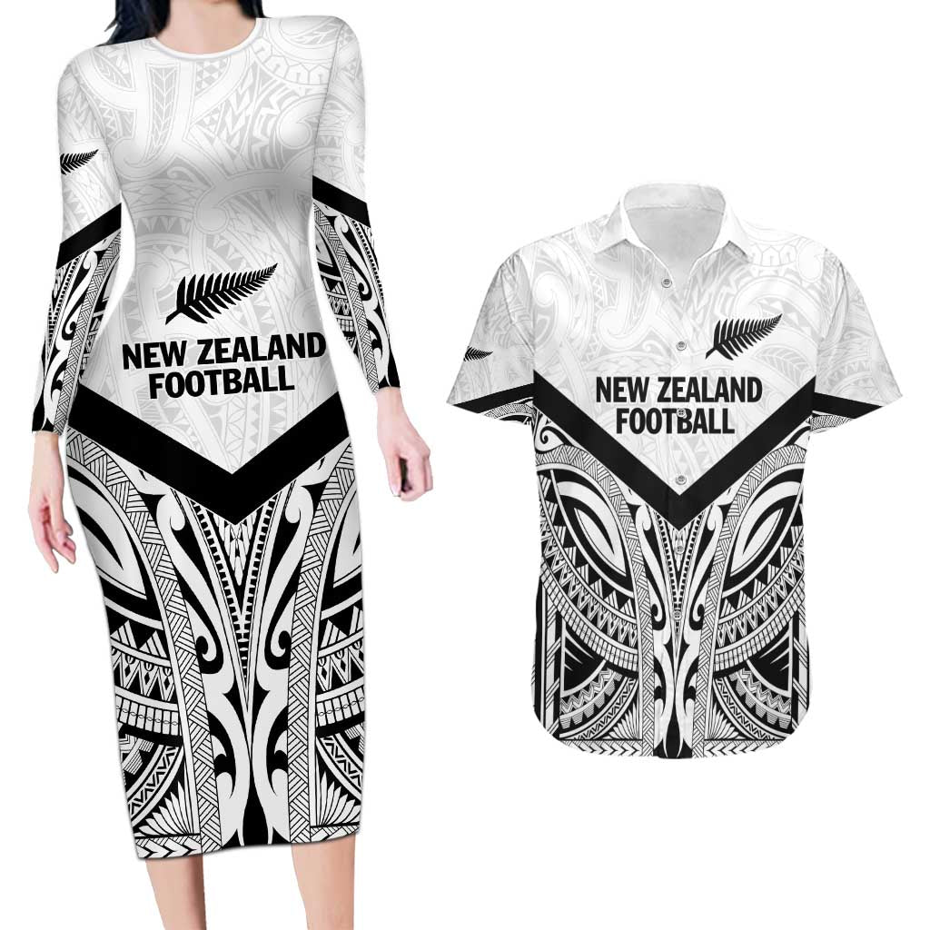 New Zealand Football Custom Couples Matching Long Sleeve Bodycon Dress and Hawaiian Shirt All White Fern Go Champions