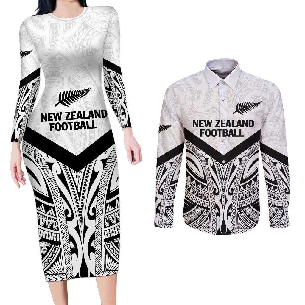 New Zealand Football Custom Couples Matching Long Sleeve Bodycon Dress and Long Sleeve Button Shirt All White Fern Go Champions