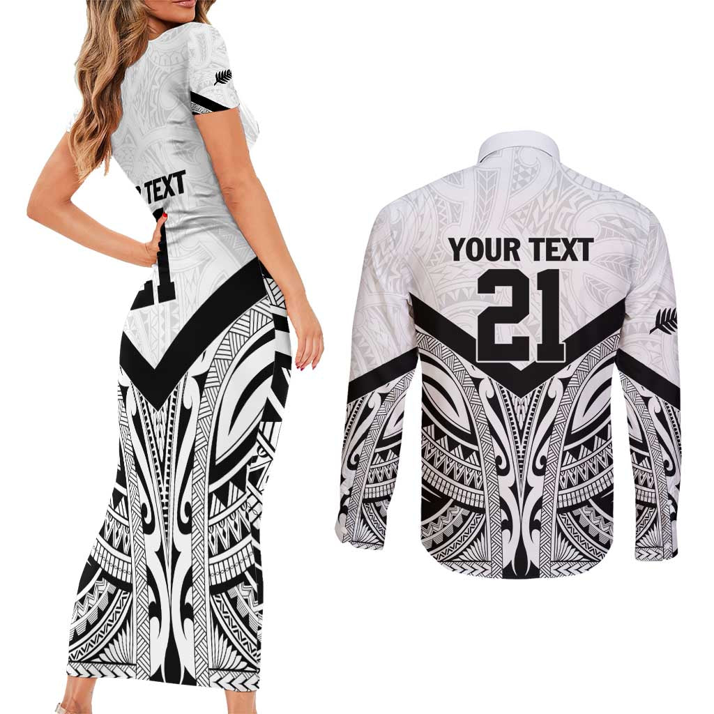 New Zealand Football Custom Couples Matching Short Sleeve Bodycon Dress and Long Sleeve Button Shirt All White Fern Go Champions