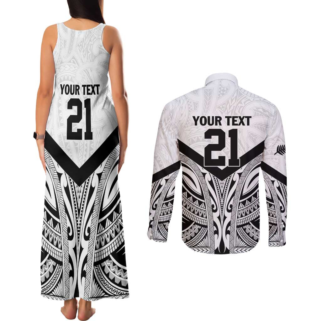New Zealand Football Custom Couples Matching Tank Maxi Dress and Long Sleeve Button Shirt All White Fern Go Champions