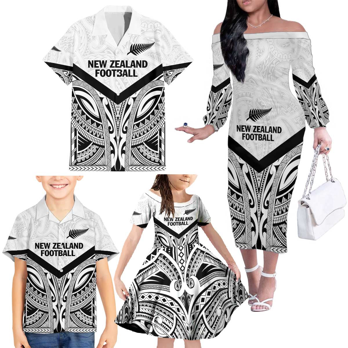 New Zealand Football Custom Family Matching Off The Shoulder Long Sleeve Dress and Hawaiian Shirt All White Fern Go Champions