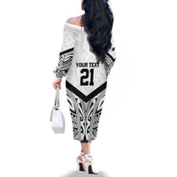 New Zealand Football Custom Family Matching Off The Shoulder Long Sleeve Dress and Hawaiian Shirt All White Fern Go Champions