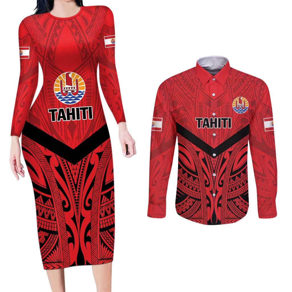 Tahiti Football Custom Couples Matching Long Sleeve Bodycon Dress and Long Sleeve Button Shirt Toa Aito Go Champions LT9 Red - Polynesian Pride