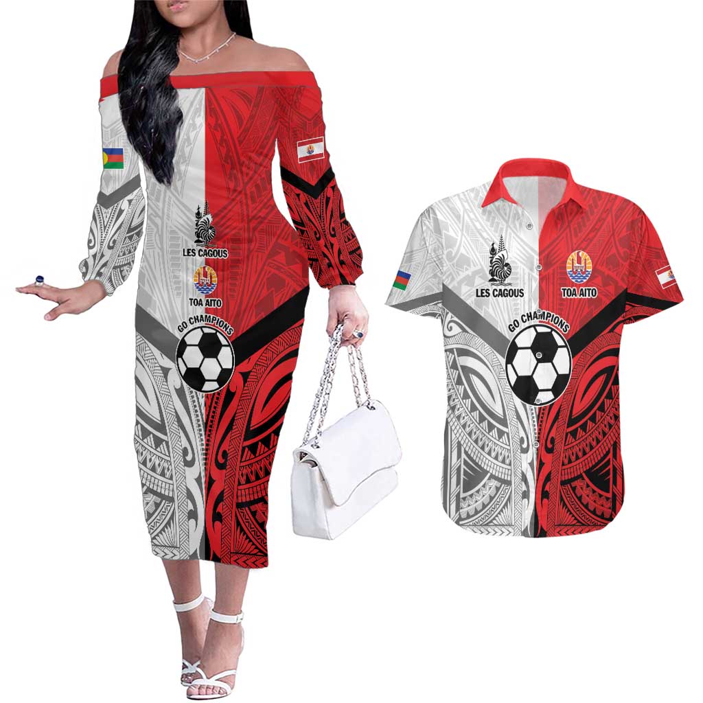 New Caledonia-Tahiti Football Custom Couples Matching Off The Shoulder Long Sleeve Dress and Hawaiian Shirt Together Go Champions