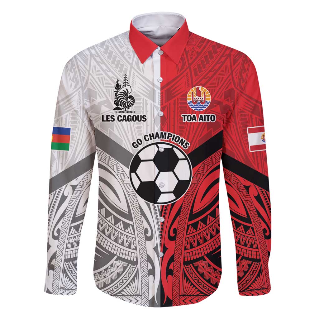 New Caledonia-Tahiti Football Custom Family Matching Off Shoulder Short Dress and Hawaiian Shirt Together Go Champions LT9 Dad's Shirt - Long Sleeve Art - Polynesian Pride
