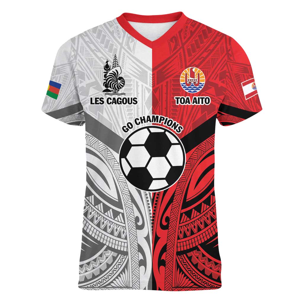 New Caledonia-Tahiti Football Custom Women V-Neck T-Shirt Together Go Champions LT9 Female Art - Polynesian Pride