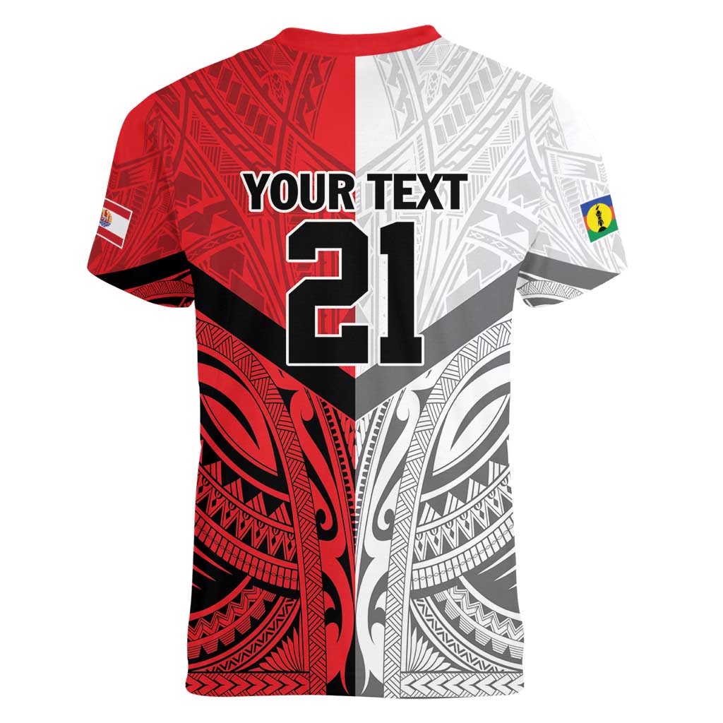 New Caledonia-Tahiti Football Custom Women V-Neck T-Shirt Together Go Champions LT9 - Polynesian Pride