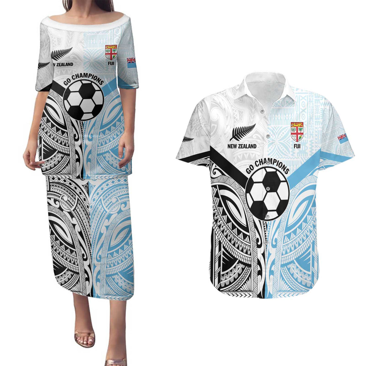 New Zealand-Fiji Football Custom Couples Matching Puletasi and Hawaiian Shirt Together Go Champions