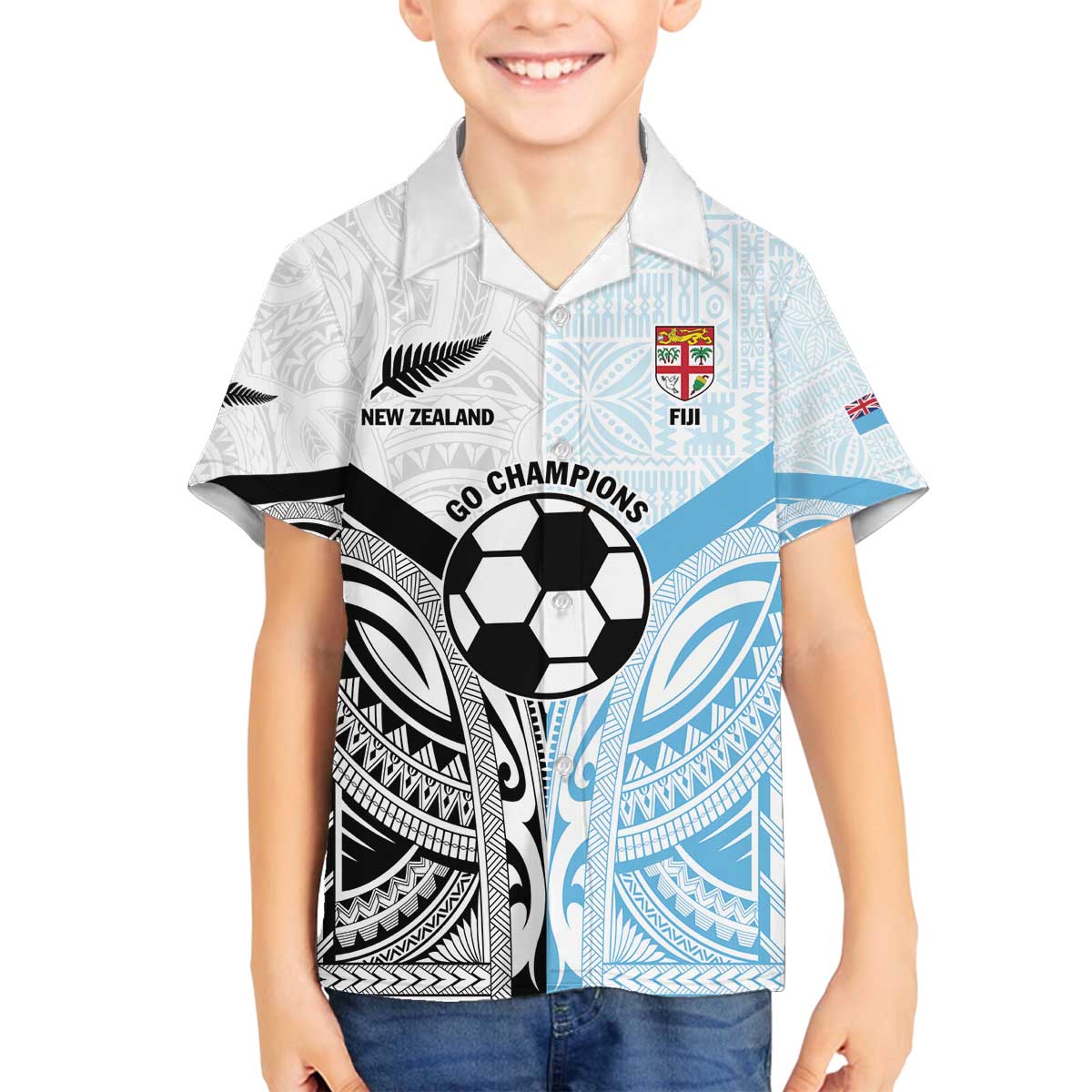 New Zealand-Fiji Football Custom Family Matching Off The Shoulder Long Sleeve Dress and Hawaiian Shirt Together Go Champions