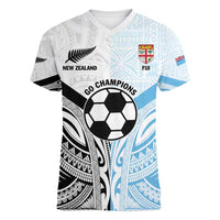 New Zealand-Fiji Football Custom Women V-Neck T-Shirt Together Go Champions LT9 Female Art - Polynesian Pride