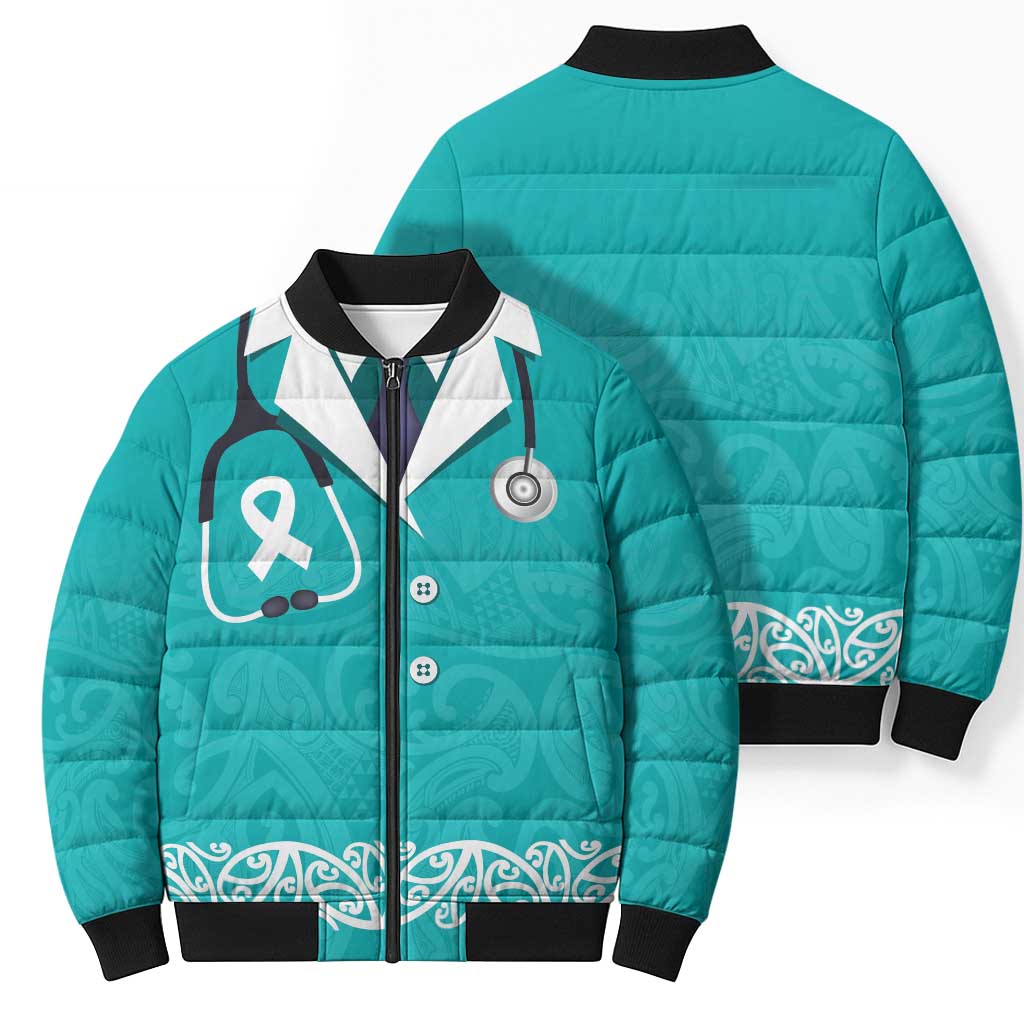 New Zealand Nurses Week Bomber Puffer Jacket Maori Kowhaiwhai Cyan Tribal