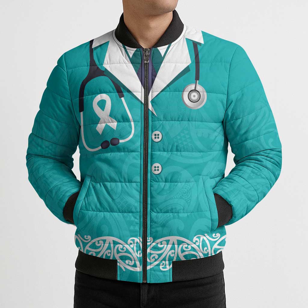 New Zealand Nurses Week Bomber Puffer Jacket Maori Kowhaiwhai Cyan Tribal