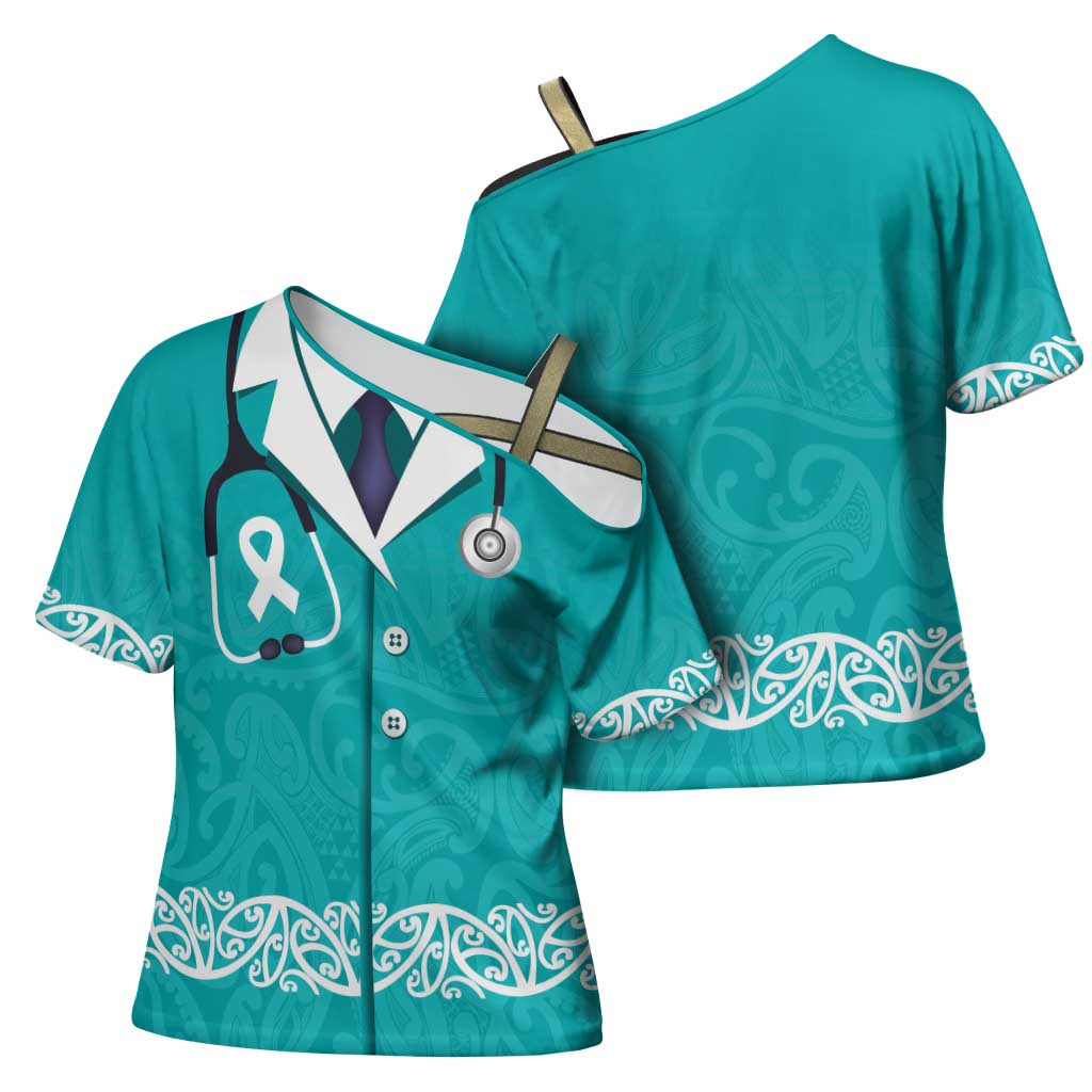 New Zealand Nurses Week Cross Shoulder Shirt Maori Kowhaiwhai Cyan Tribal LT9 - Polynesian Pride