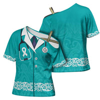New Zealand Nurses Week Cross Shoulder Shirt Maori Kowhaiwhai Cyan Tribal LT9 - Polynesian Pride