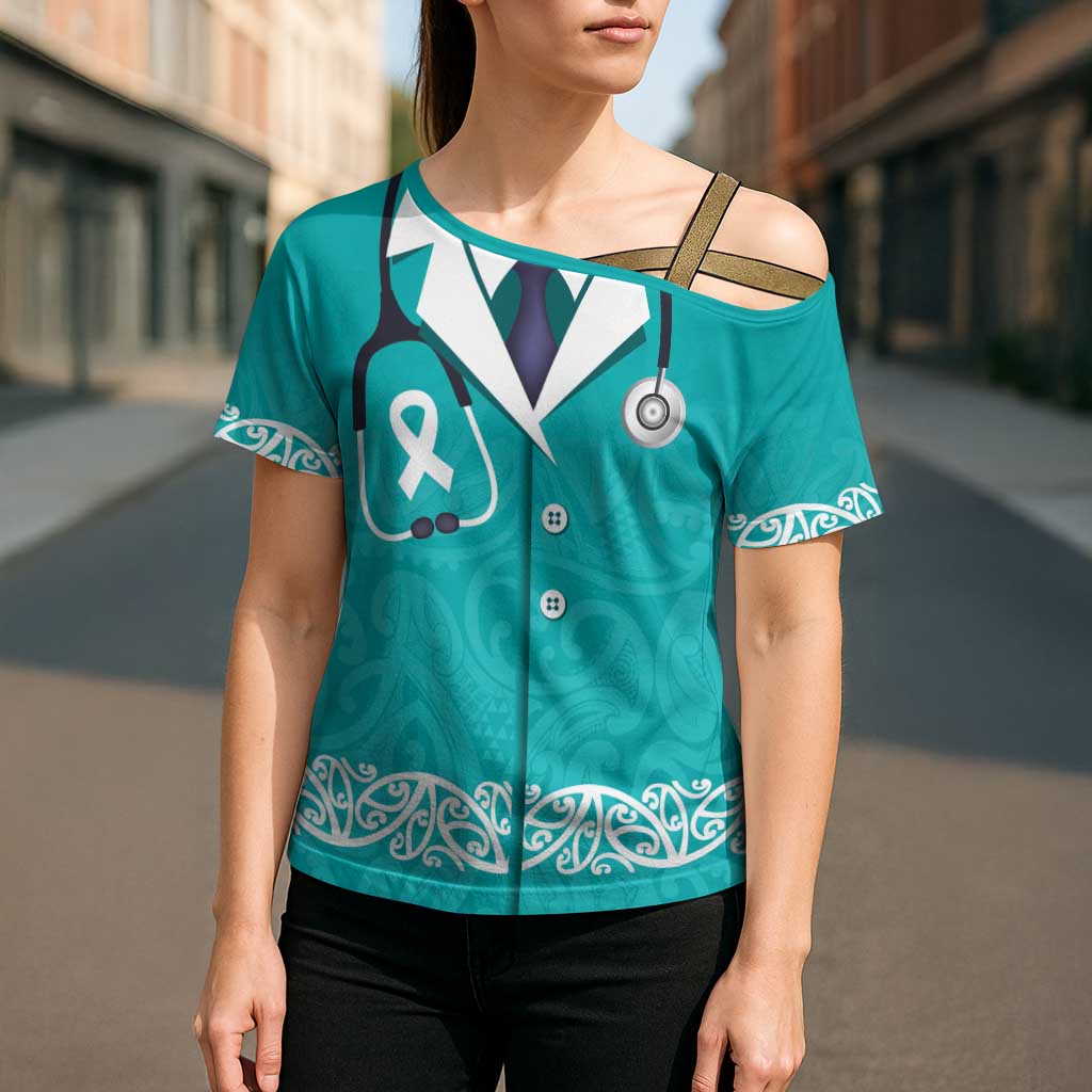 New Zealand Nurses Week Cross Shoulder Shirt Maori Kowhaiwhai Cyan Tribal LT9 - Polynesian Pride