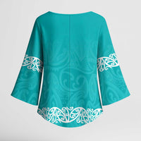 New Zealand Nurses Week Kimono Sleeve Blouse Maori Kowhaiwhai Cyan Tribal LT9 - Polynesian Pride