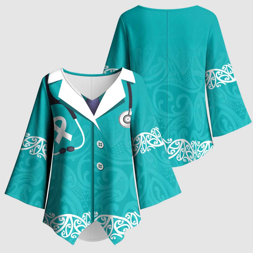 New Zealand Nurses Week Kimono Sleeve Blouse Maori Kowhaiwhai Cyan Tribal LT9 - Polynesian Pride